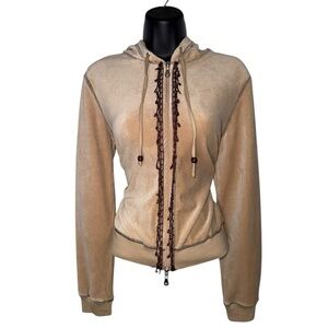 Fairy Boho Earthy Beaded NWT‎ Velour Beige Tan Zip Up Hoodie Sweater Jacket